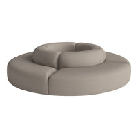 Beige circular sofa with curved shapes and smooth fabric texture, offering a minimalist and modern design.