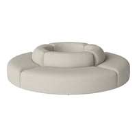 Modern circular sofa in soft beige with textured upholstery and gentle curves. Perfect for stylish living spaces.