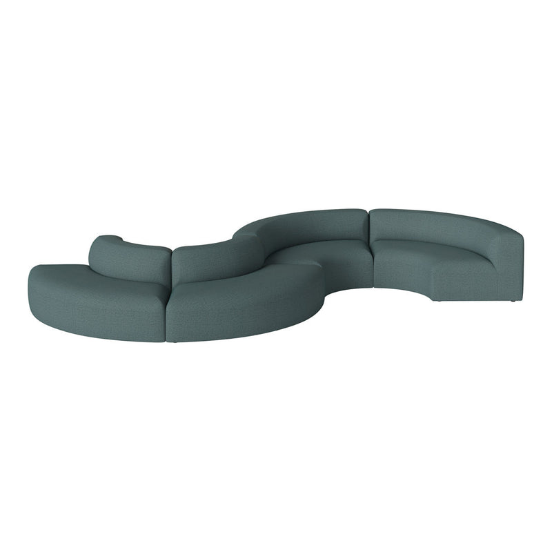 Curved sofa in a soft teal color with a textured pattern, perfect for modern living spaces.