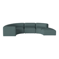 Curved sectional sofa in soft teal fabric, featuring a textured pattern and minimalist design. Perfect for modern decor.