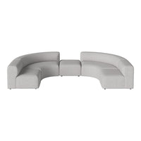 Curved sectional sofa in light gray fabric with subtle texture and clean, modern design. Perfect for contemporary spaces.