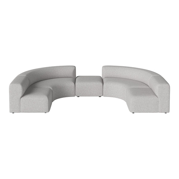 Curved sectional sofa in light gray fabric with subtle texture and clean, modern design. Perfect for contemporary spaces.