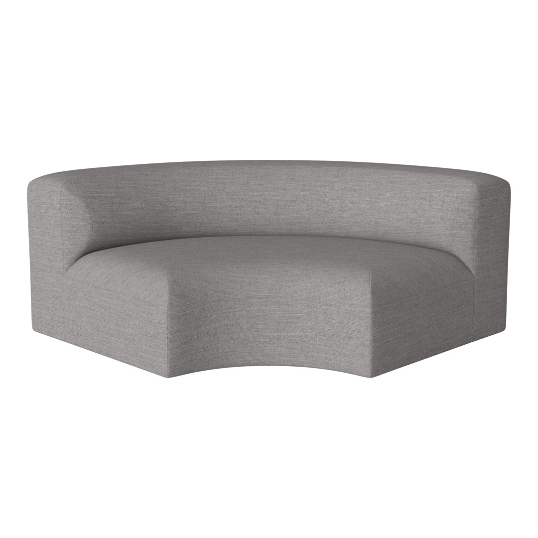 Stylish curved sofa in a soft light gray fabric with a subtle texture. Perfect for modern home decor.