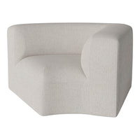 Cream-colored curved chair with a soft, textured fabric and subtle pattern for a modern look.