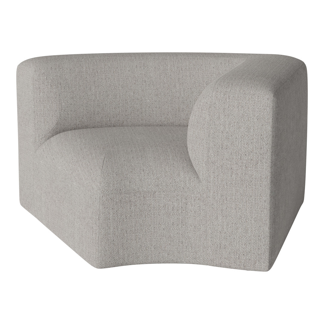 Gray upholstered corner chair with a textured finish and minimalist design. Perfect for modern living spaces.