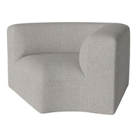 Gray upholstered corner chair with a textured finish and minimalist design. Perfect for modern living spaces.