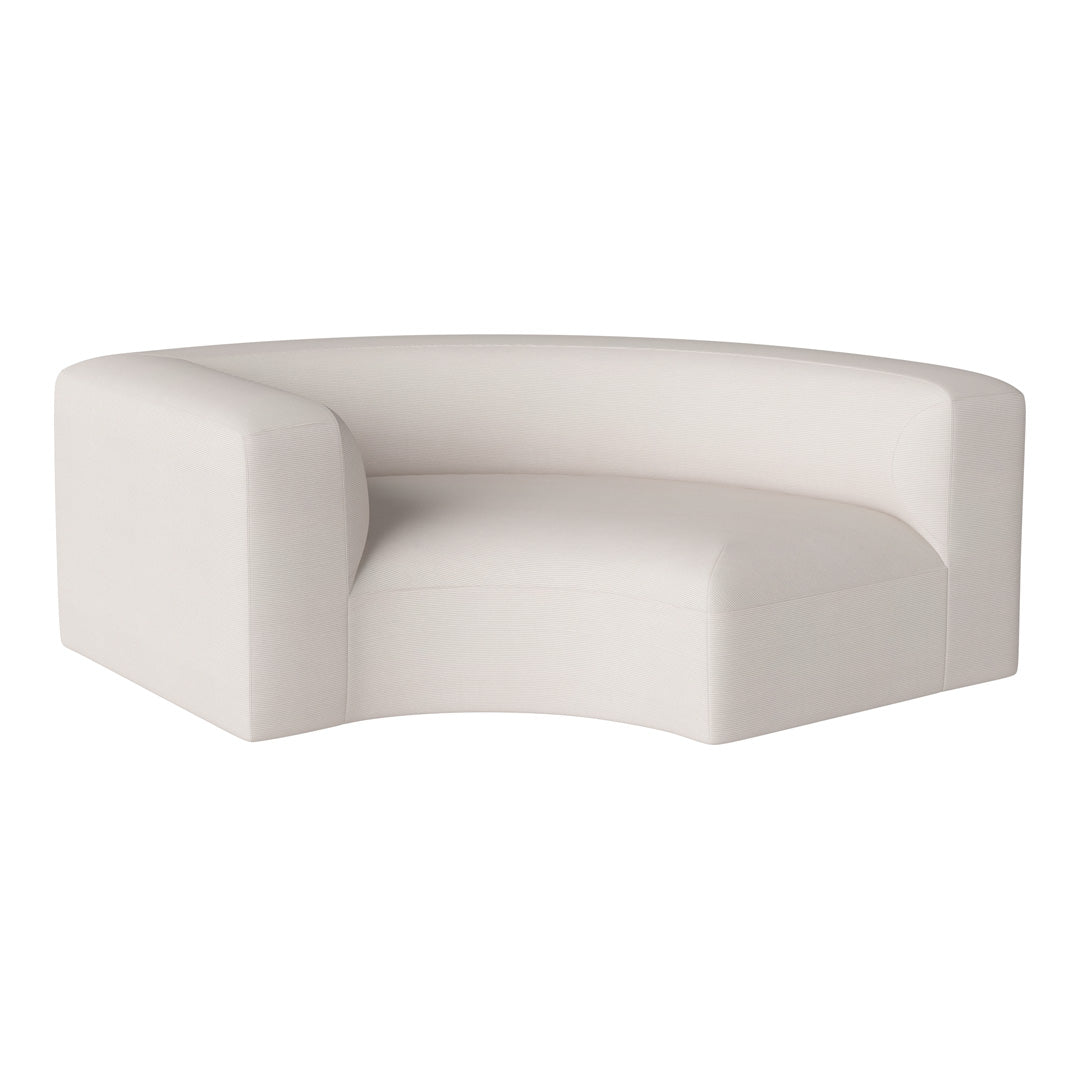 Curved white sofa with textured fabric, adding a minimalist and modern touch to any space.