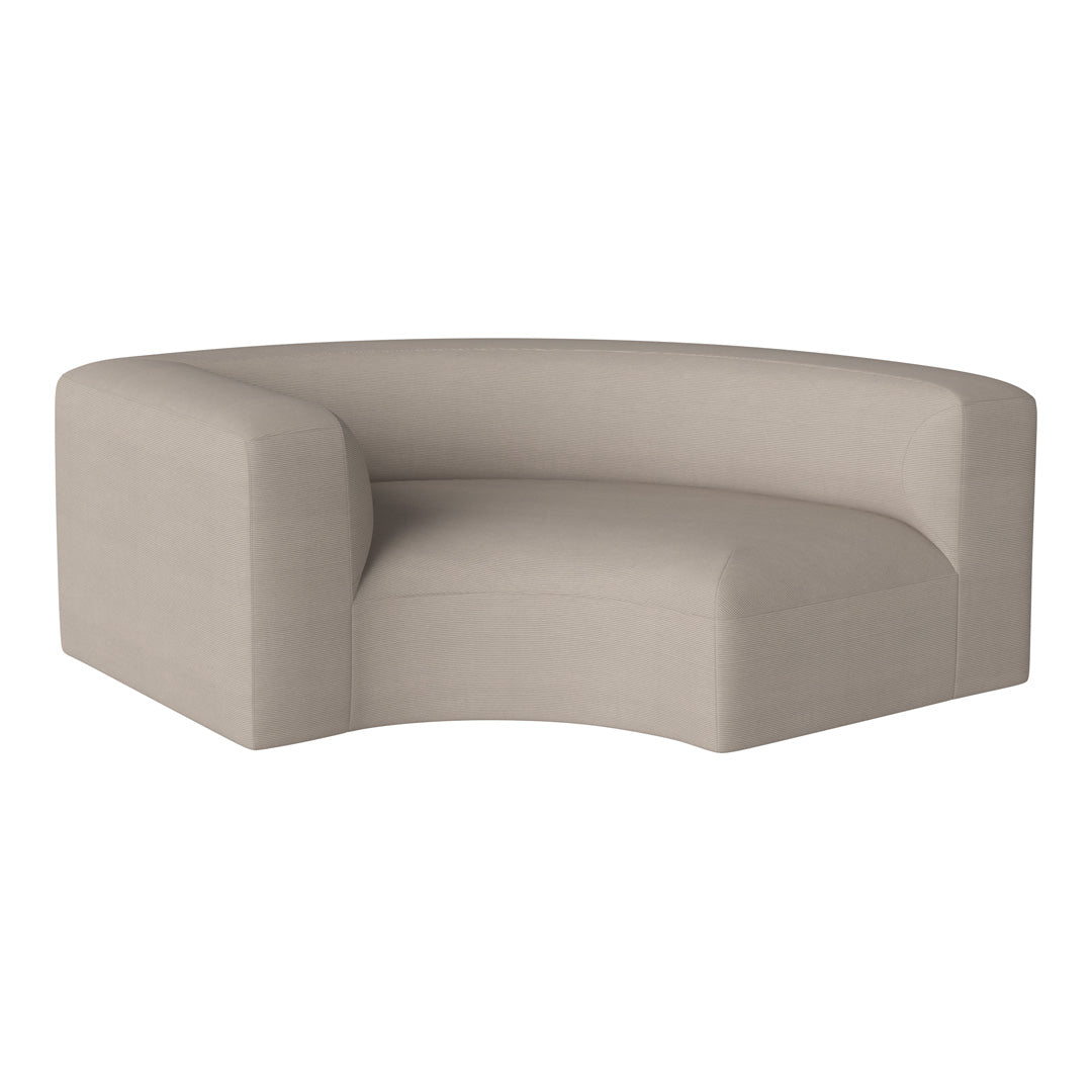 Beige curved sofa with a smooth, minimalist design and subtle textured pattern, perfect for modern interiors.