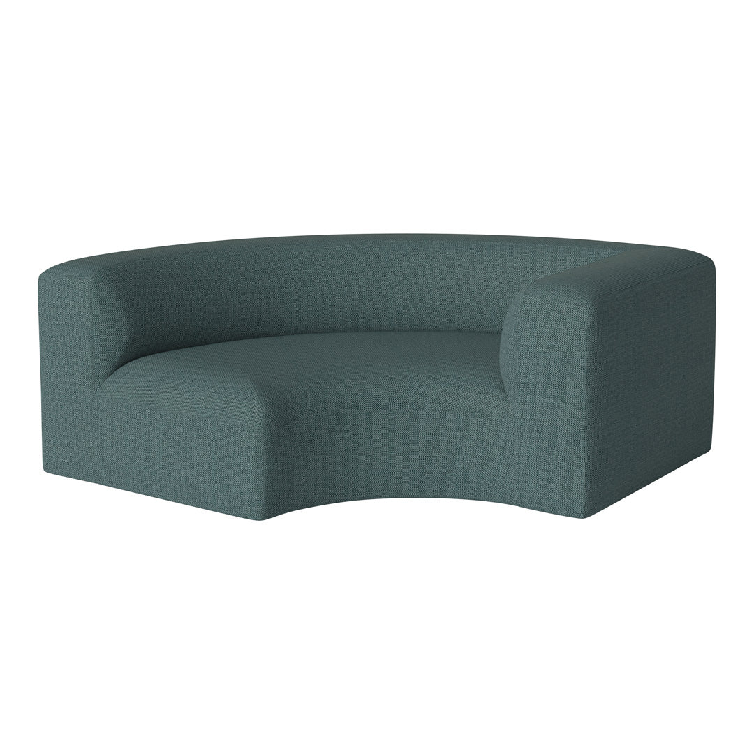 Curved teal couch with a textured pattern, offering a modern and stylish look for contemporary decor.