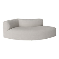 Curved, modern sofa in soft light gray upholstery with a subtle textured pattern, ideal for contemporary spaces.