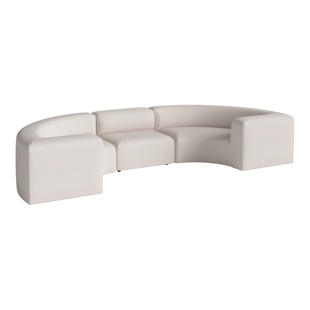 Curved modular sofa in soft white upholstery, featuring a smooth, minimalist design with clean lines.