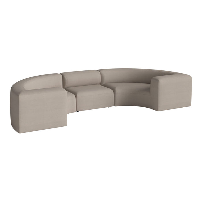Modern curved beige sectional sofa with smooth fabric and minimalist design, perfect for contemporary spaces.