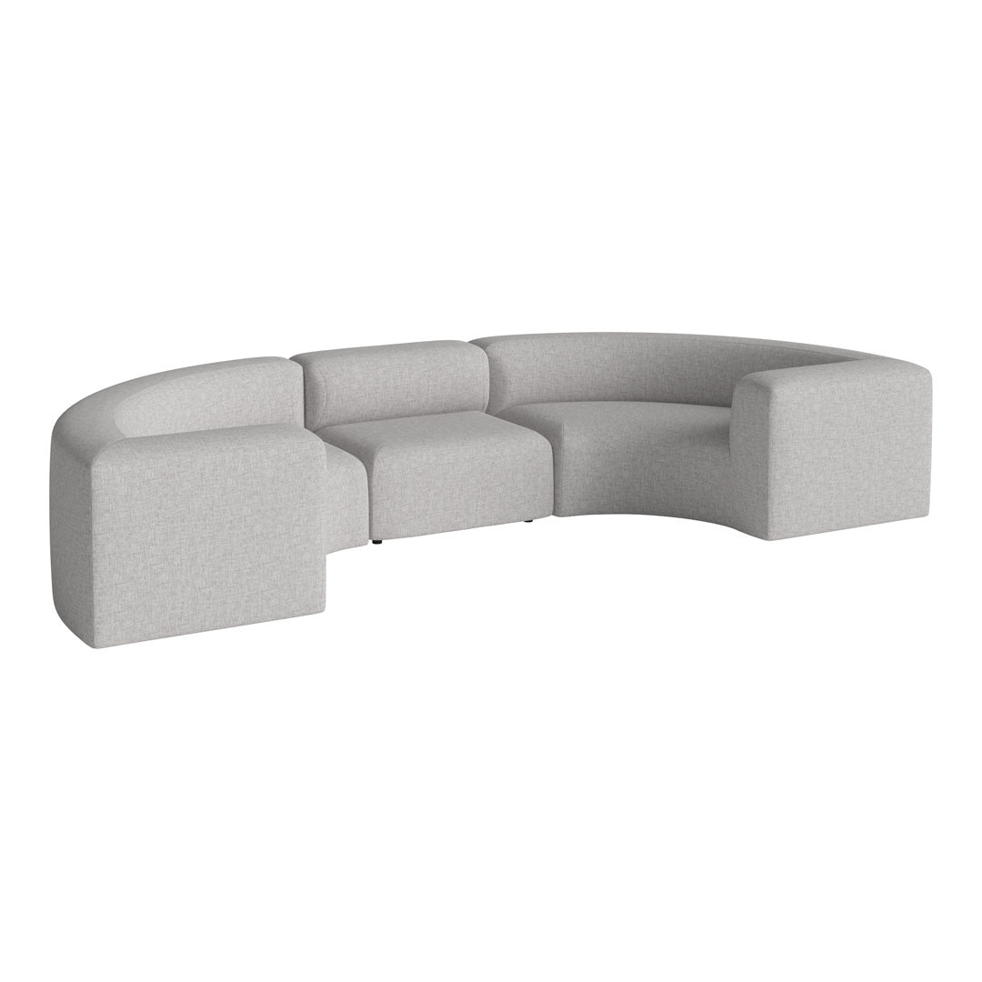 Curved grey sectional sofa with a subtle textured pattern, ideal for modern living spaces.