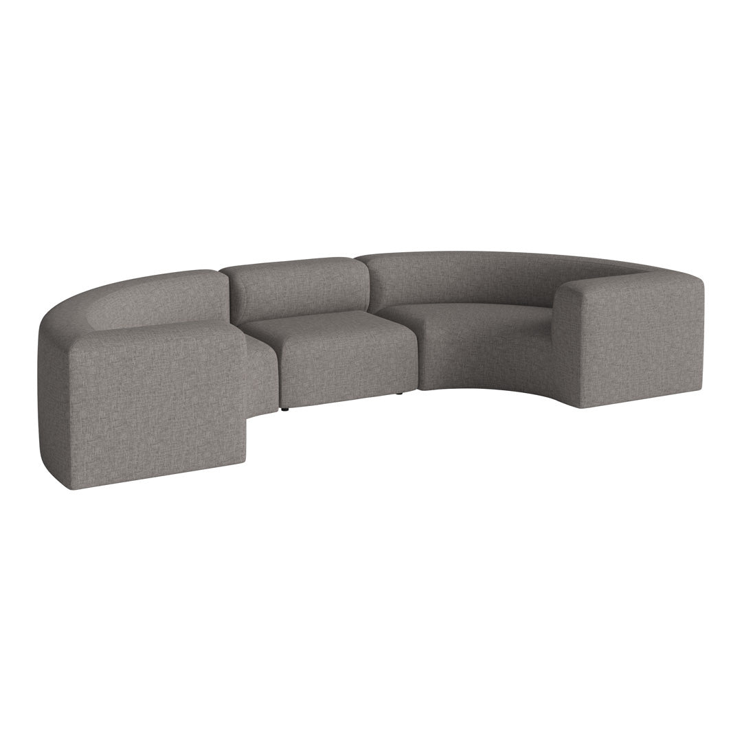 Curved sectional sofa in textured light gray upholstery, featuring a modern minimalist design with clean lines.