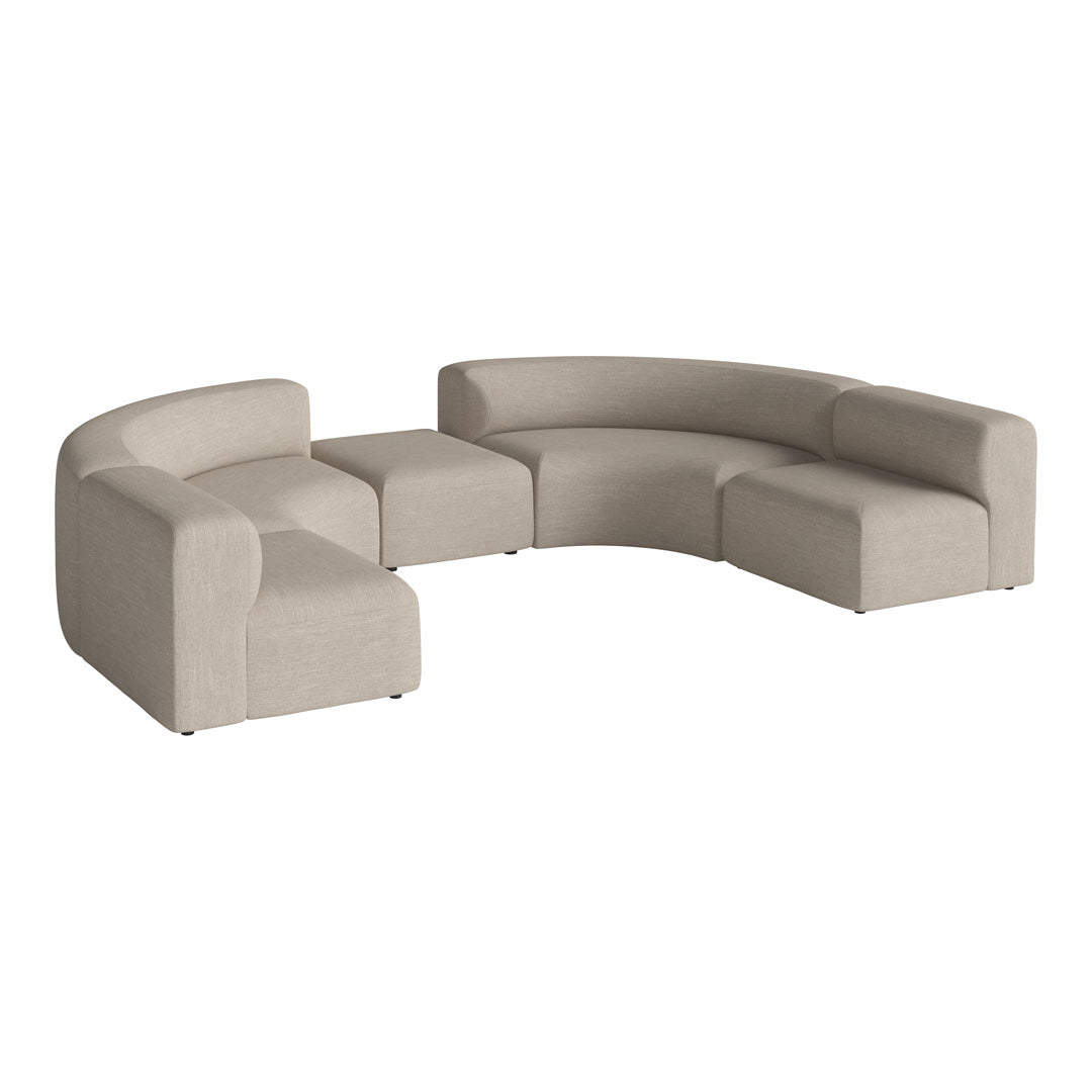 Light beige curved sofa with seamless fabric texture and minimalist design, perfect for modern interiors.