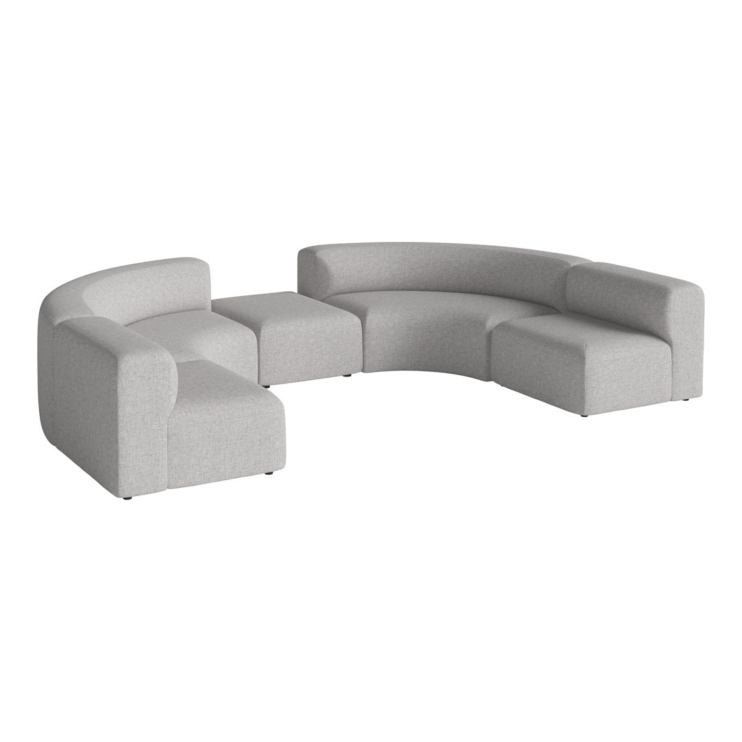 Curved sectional sofa in soft light gray fabric, featuring a textured pattern for a modern look.