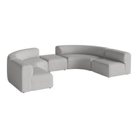 Curved sectional sofa in soft light gray fabric, featuring a textured pattern for a modern look.