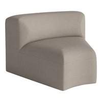 Beige curved lounge chair with subtle striped pattern, perfect for modern interiors.