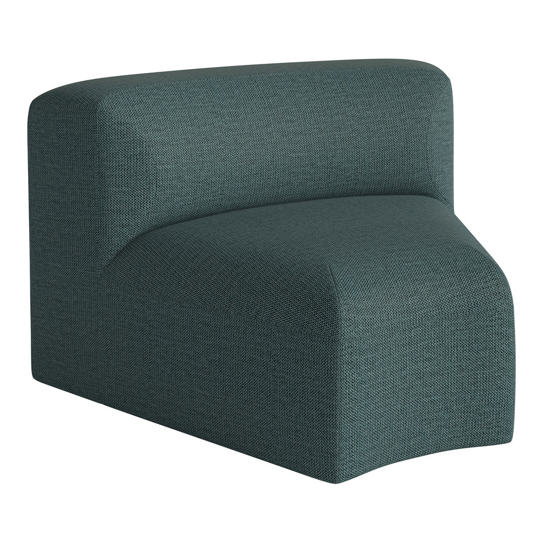 Curved teal upholstery armchair with a textured woven pattern, perfect for modern home decor.