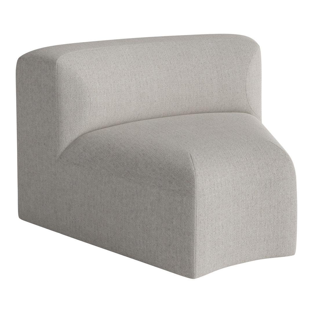 Light gray upholstered chair with a textured, subtle pattern and curved edges. Perfect for modern decor.