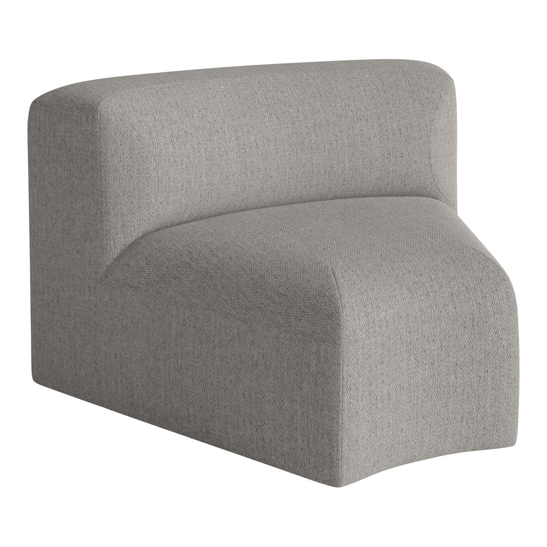 Grey modern accent chair with soft, textured fabric, featuring a minimalist design and curved edges. Ideal for contemporary decor.