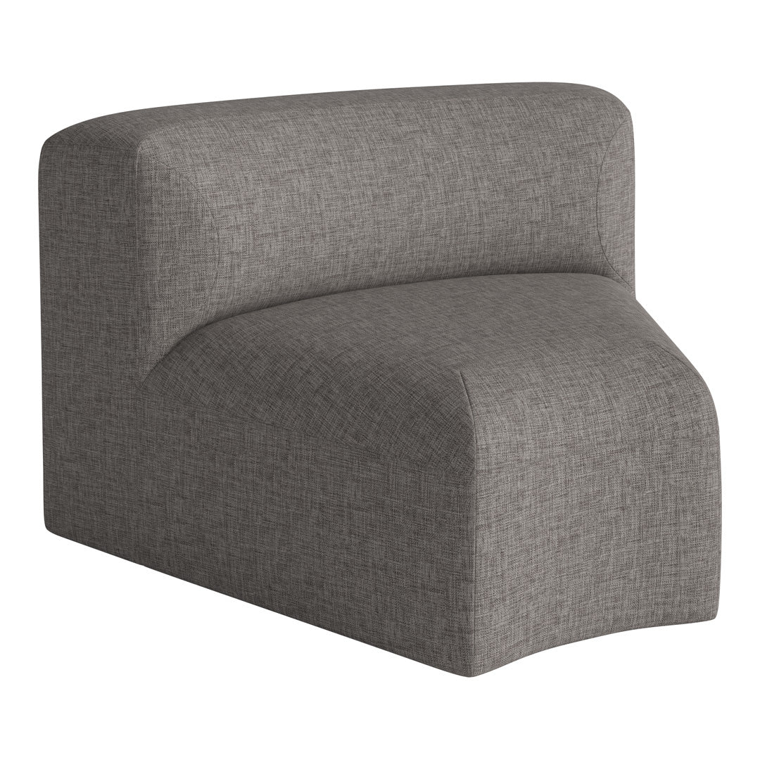 Gray upholstered accent chair with a subtle textured pattern, featuring a modern, curved shape.