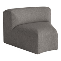 Gray upholstered accent chair with a subtle textured pattern, featuring a modern, curved shape.