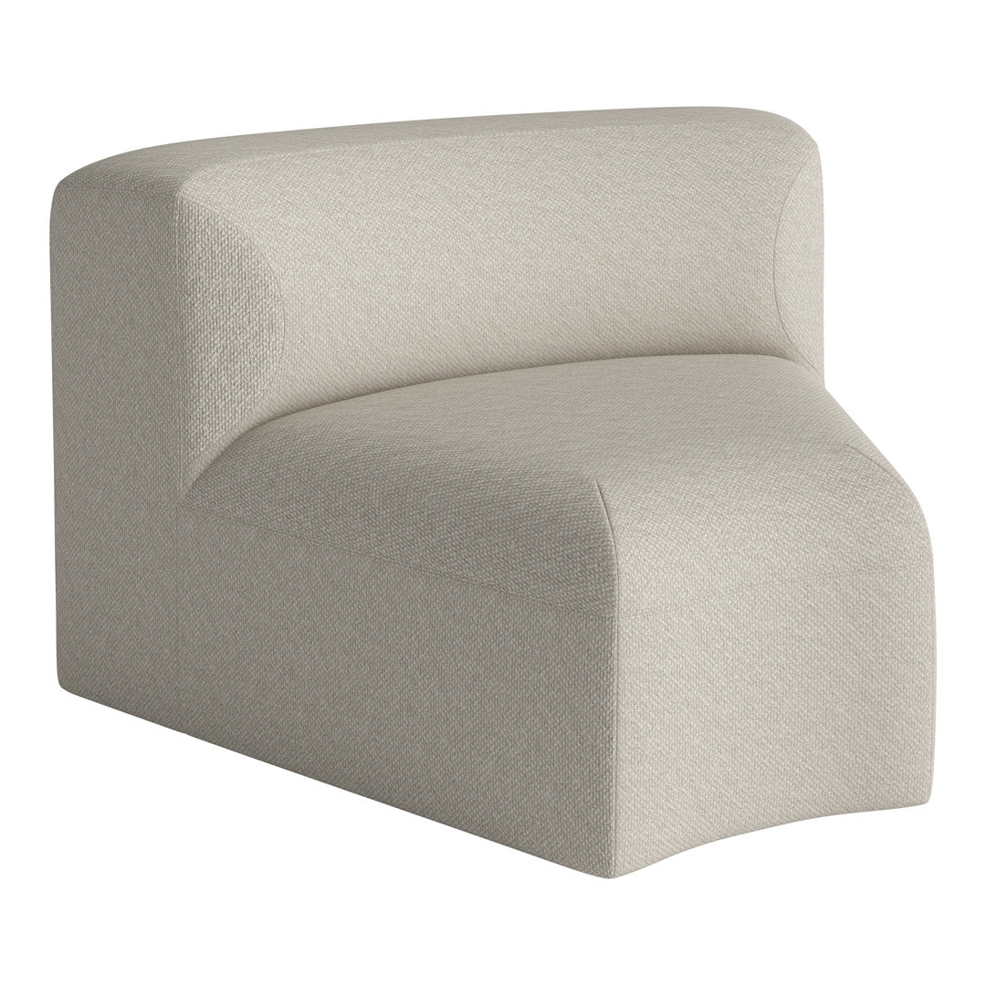 Light beige upholstered sofa section with a textured, soft pattern and contemporary curved design.