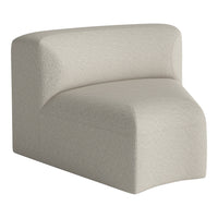 Light beige upholstered sofa section with a textured, soft pattern and contemporary curved design.