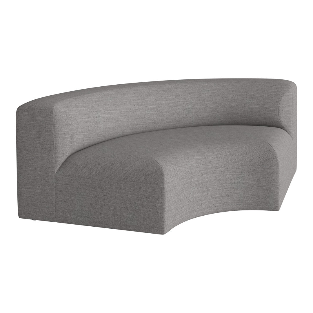 Curved, contemporary sofa in a textured light grey fabric, perfect for modern living spaces.