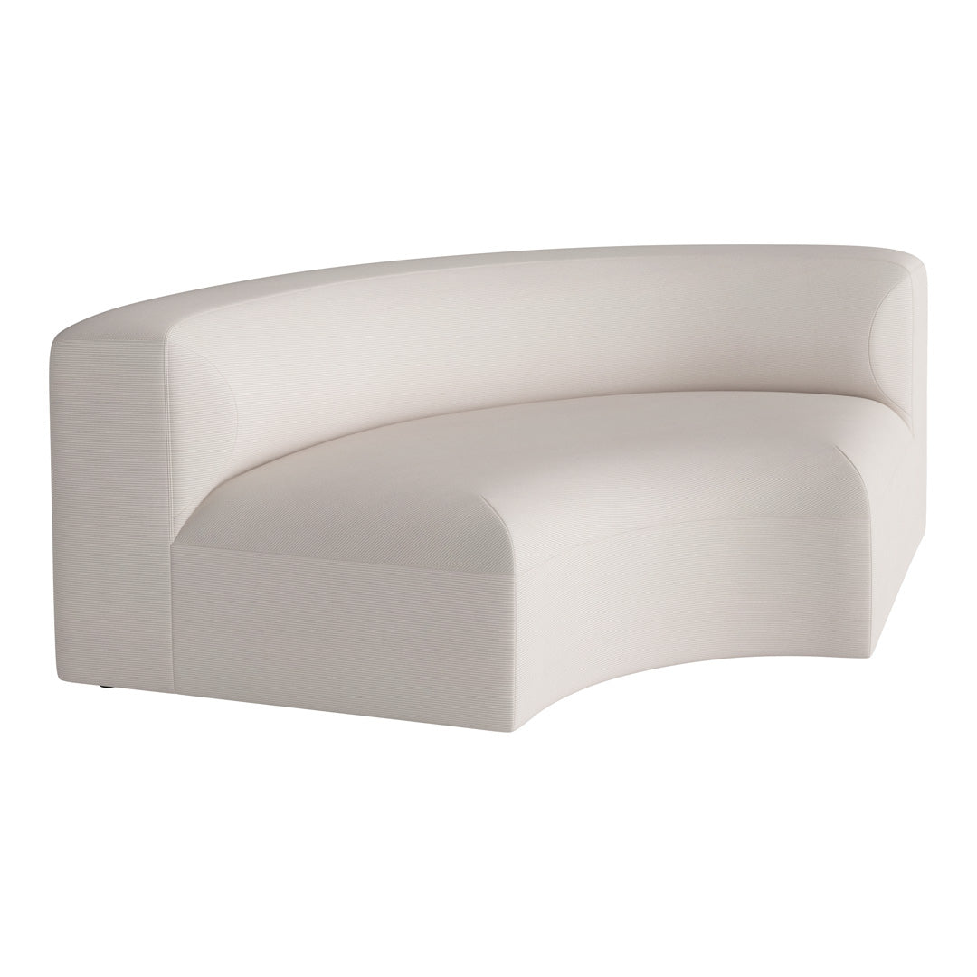 Curved sofa in soft beige upholstery with subtle textured pattern, perfect for modern or minimalist decor.