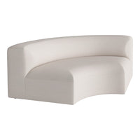 Curved sofa in soft beige upholstery with subtle textured pattern, perfect for modern or minimalist decor.