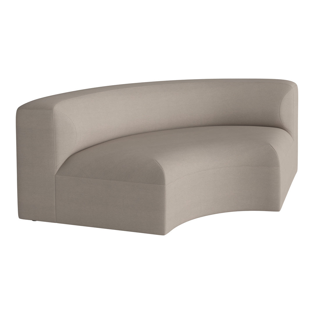 Curved beige sofa with a subtle textured pattern, perfect for modern living spaces.