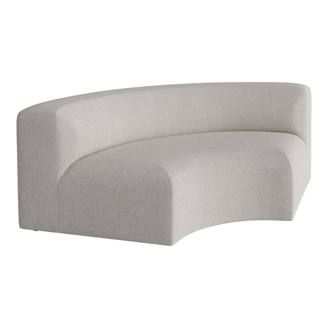 Curved sofa in soft light gray upholstery with a subtle textured finish. Perfect for modern minimalist decor.