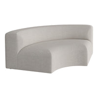 Curved sofa in soft light gray upholstery with a subtle textured finish. Perfect for modern minimalist decor.