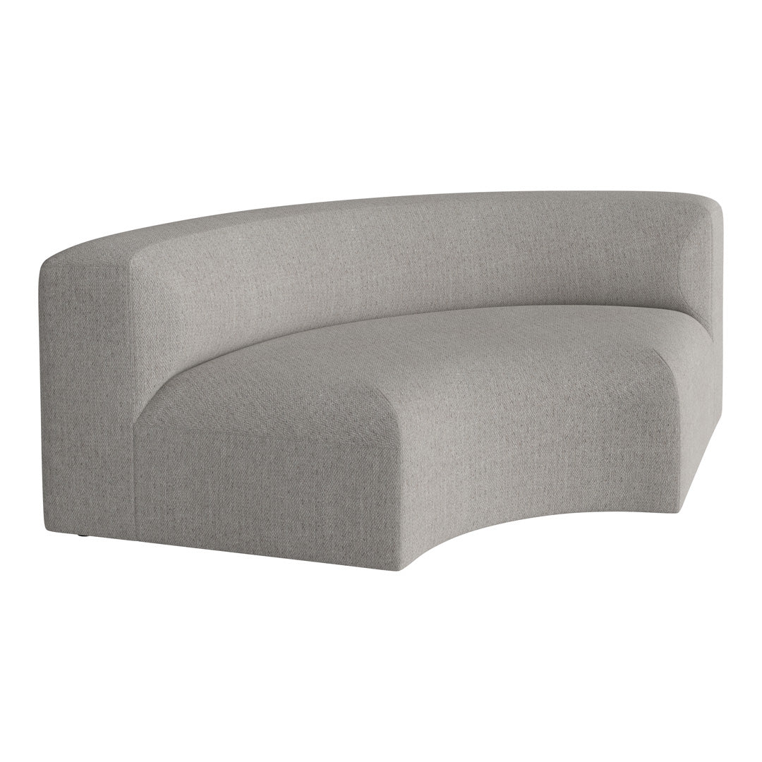 Curved grey sofa with a textured fabric pattern, perfect for modern living spaces.