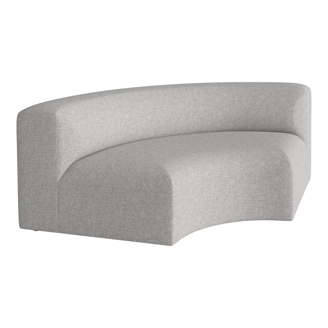 Curved modern sofa in light gray fabric with subtle texture for a sleek, contemporary look.