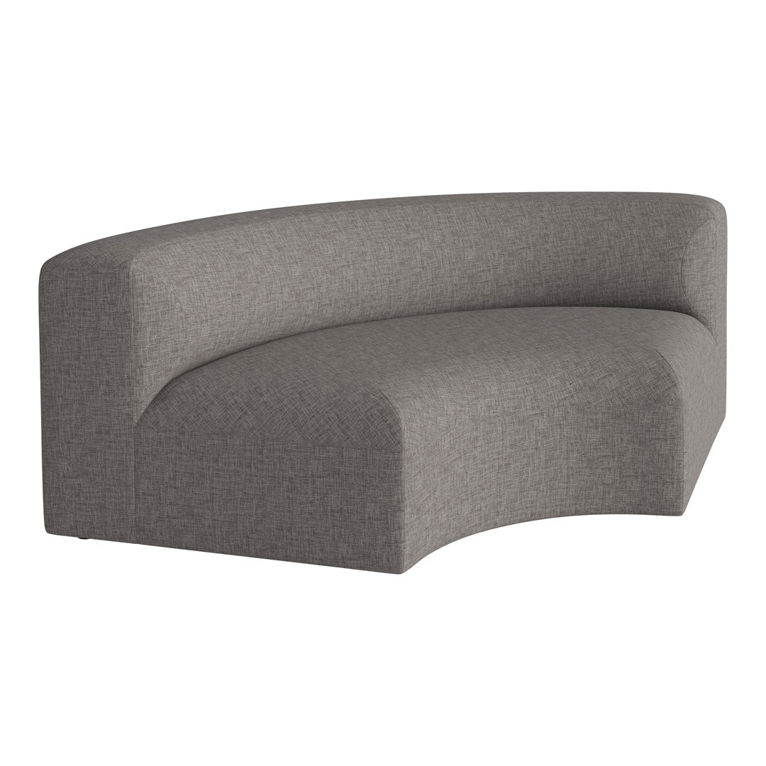 Curved gray sofa with a textured fabric pattern, adding a modern touch to any living space.