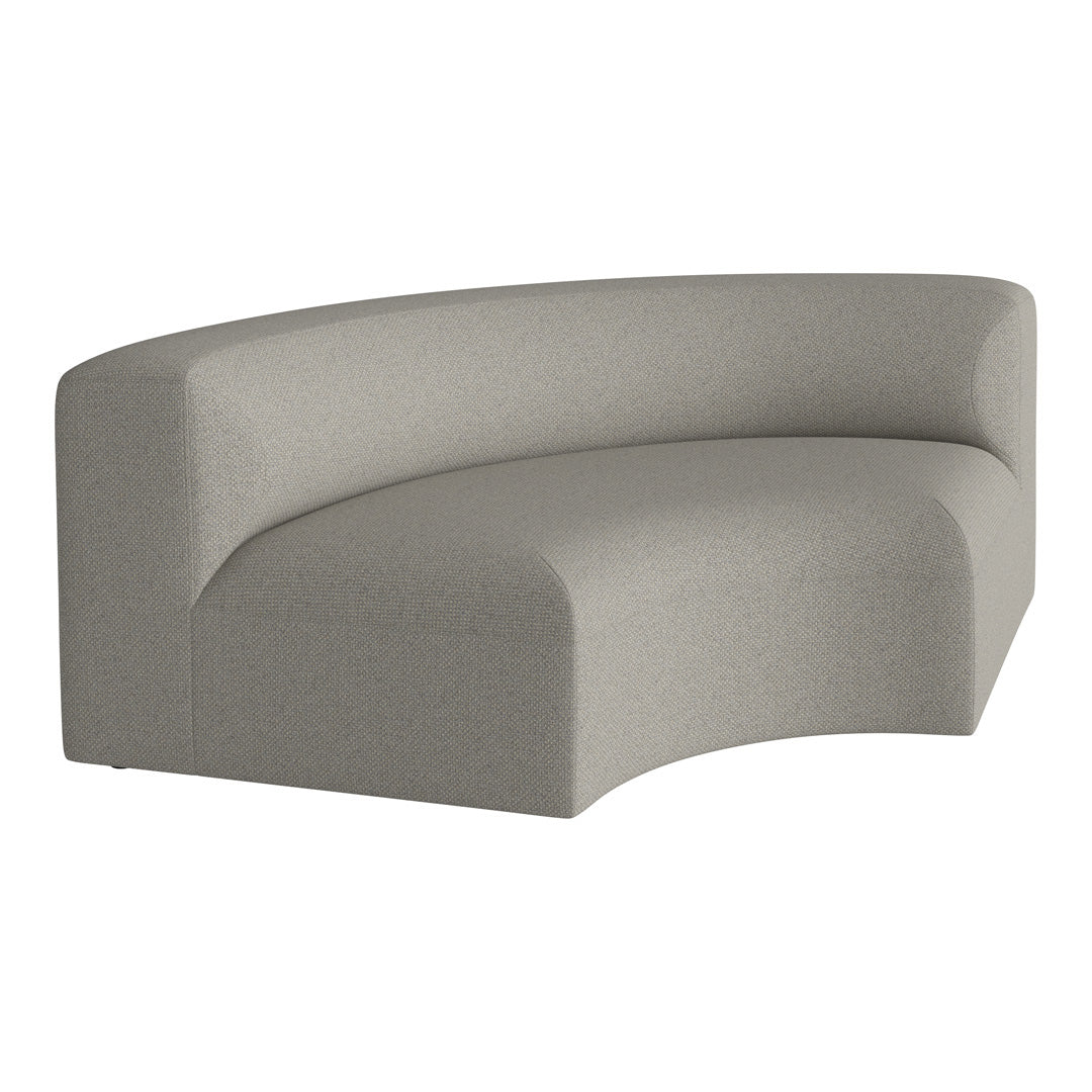 Curved gray upholstered sofa with a subtle textured pattern, perfect for modern living spaces.