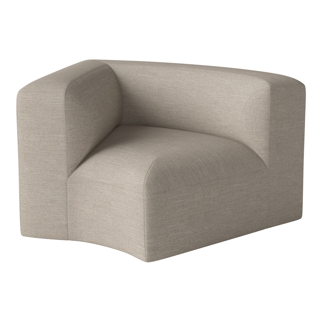Sleek, modern corner chair in soft beige fabric with a subtle woven texture and minimalist design.
