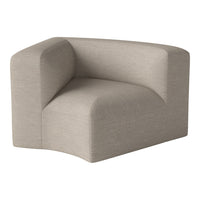Sleek, modern corner chair in soft beige fabric with a subtle woven texture and minimalist design.