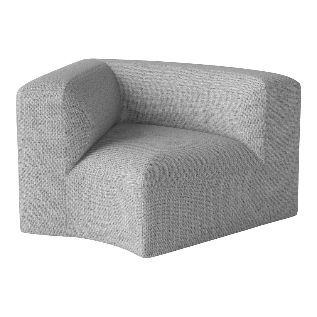 Gray upholstered corner chair with a subtle textured pattern, featuring a modern, minimalist design.