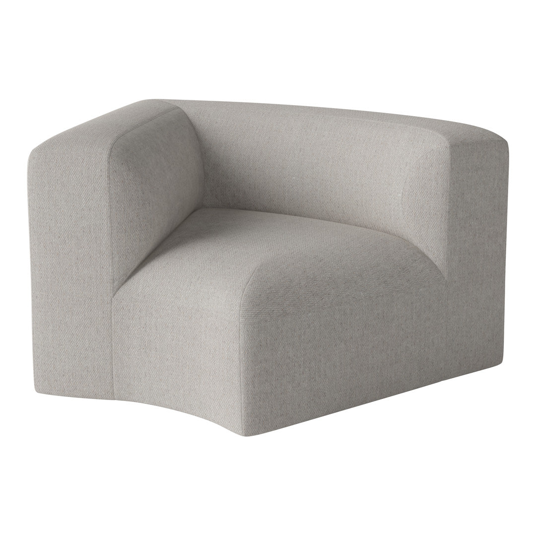 Light grey curved armchair with a soft, textured fabric and minimalist design. Perfect for modern interiors.
