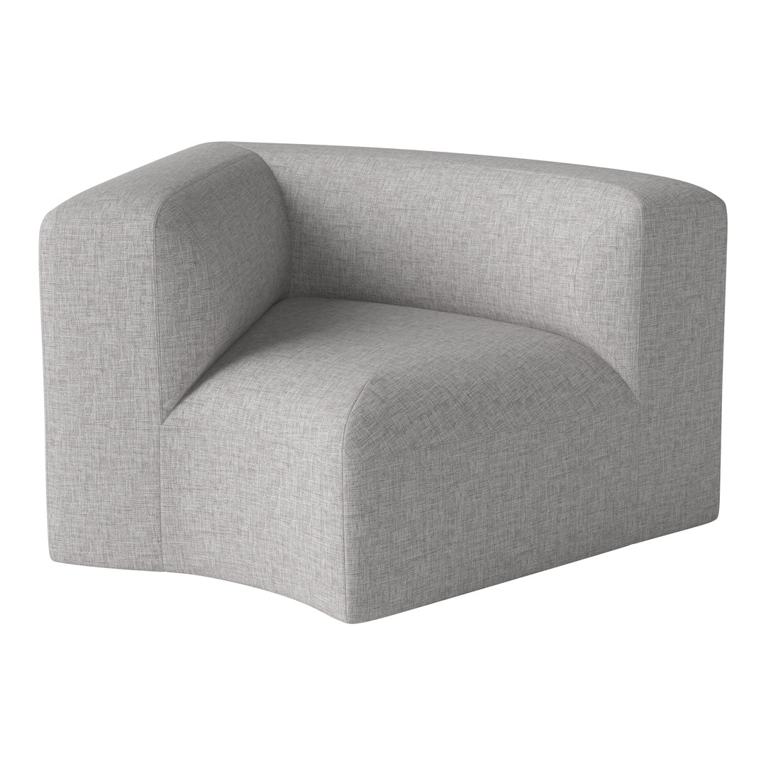 Gray textured corner chair with a minimalist design, featuring a subtle woven pattern and soft edges.