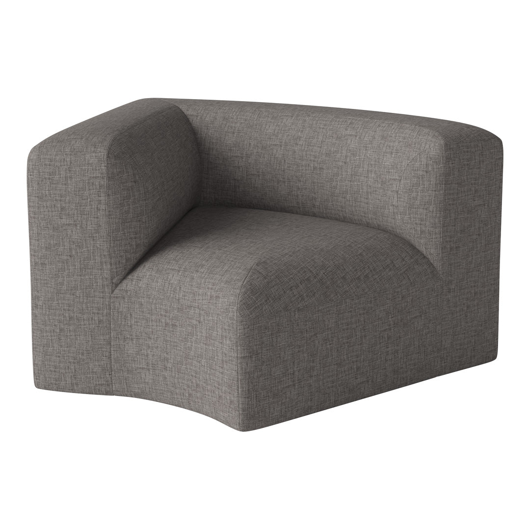 Gray upholstered corner chair with a textured weave pattern, perfect for modern living spaces.