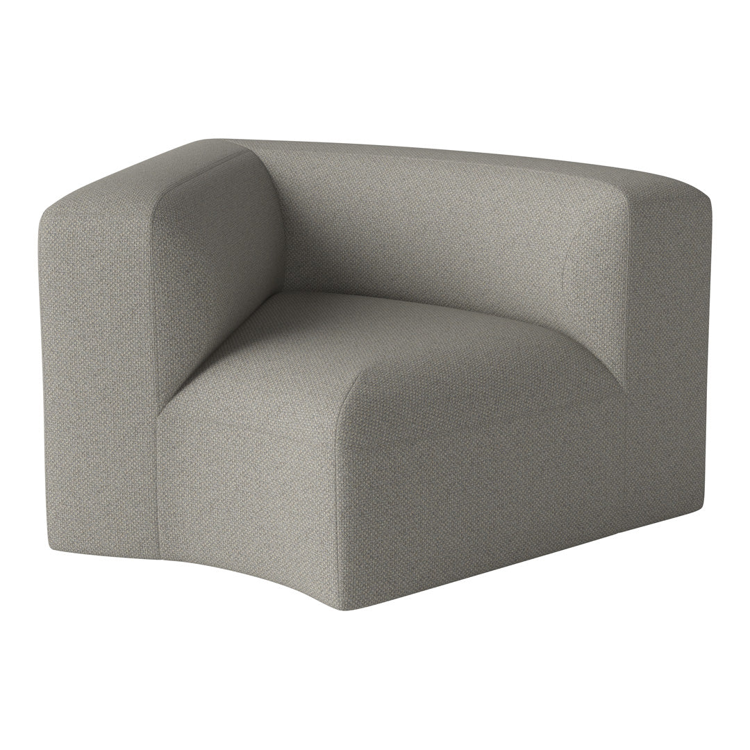 Gray upholstered accent chair with a textured weave pattern, featuring a modern, angular design.