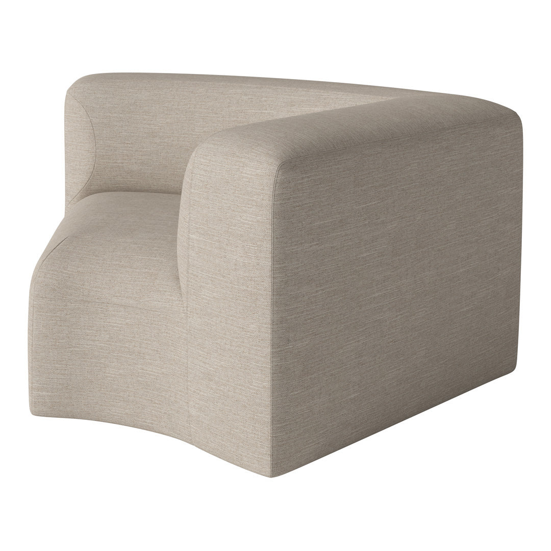 Beige curved accent chair with textured fabric, featuring subtle woven patterns for a modern and sophisticated look.