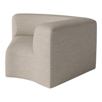 Beige curved accent chair with textured fabric, featuring subtle woven patterns for a modern and sophisticated look.