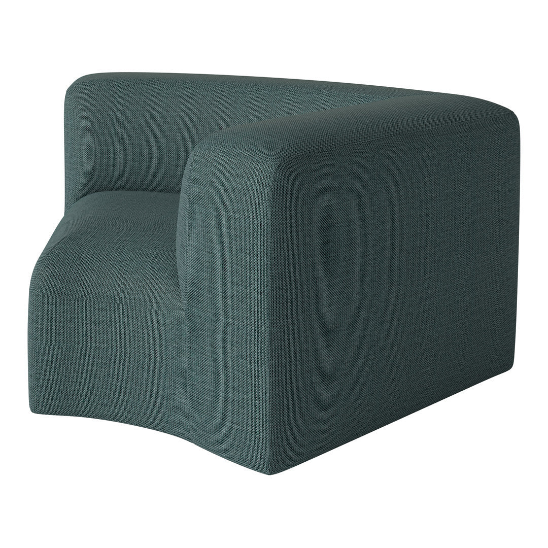 Teal upholstered corner chair with a textured pattern, showcasing a modern, minimalist design. Perfect for any space.