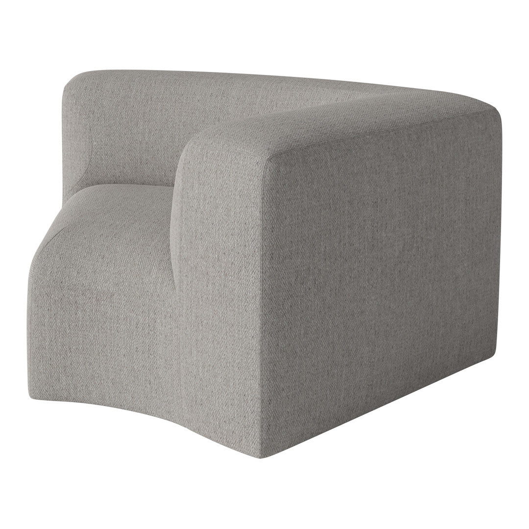 Textured light gray corner chair with a soft, muted finish and rounded edges, perfect for modern decor.